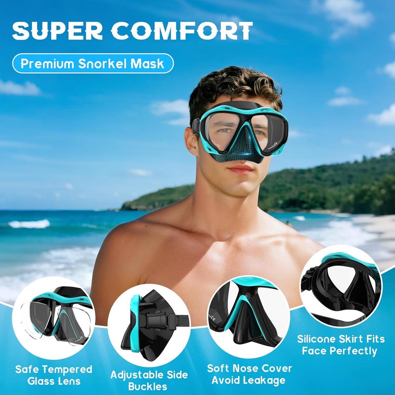 wutrye Snorkeling Gear for Adults, Dry Top Snorkel Mask Set, Diving Scuba Mask, Swimming Goggles with Nose Cover, HD Tempered Glass Panoramic Swim Freediving Anti-Leak Anti-Fog Travel Packages - Image 3